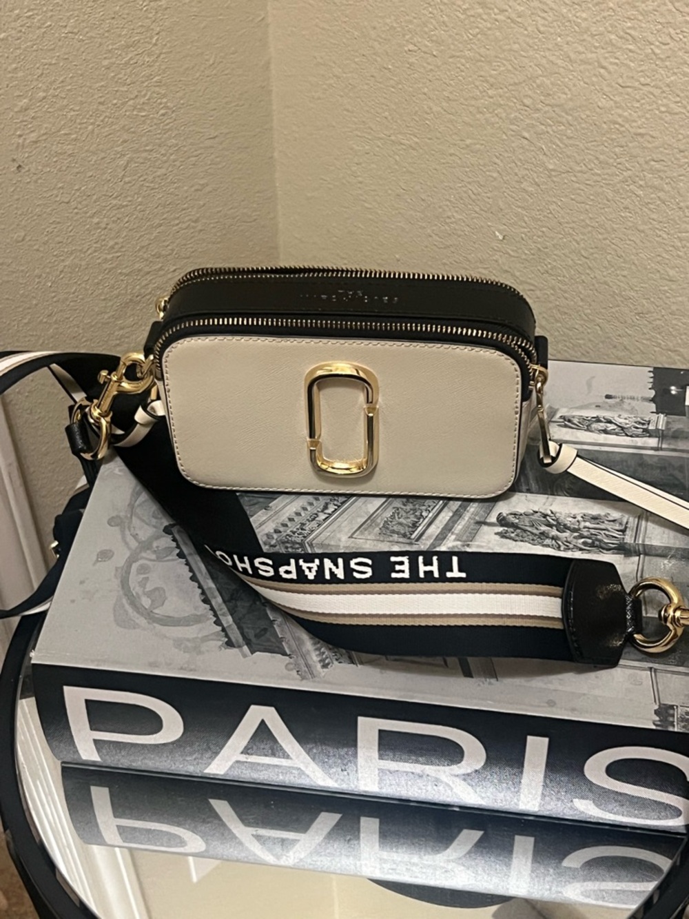 Marc Jacobs Black & Cream Leather Snapshot Crossbody with Branded Strap